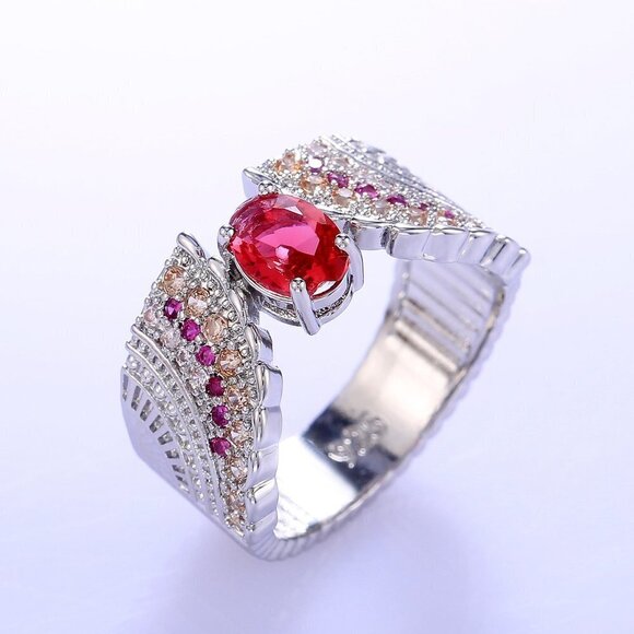 💞 Ethnic Oval Red Ruby Zircon Wings Vintage Silver Ring for Women, PD596 - Picture 7 of 7